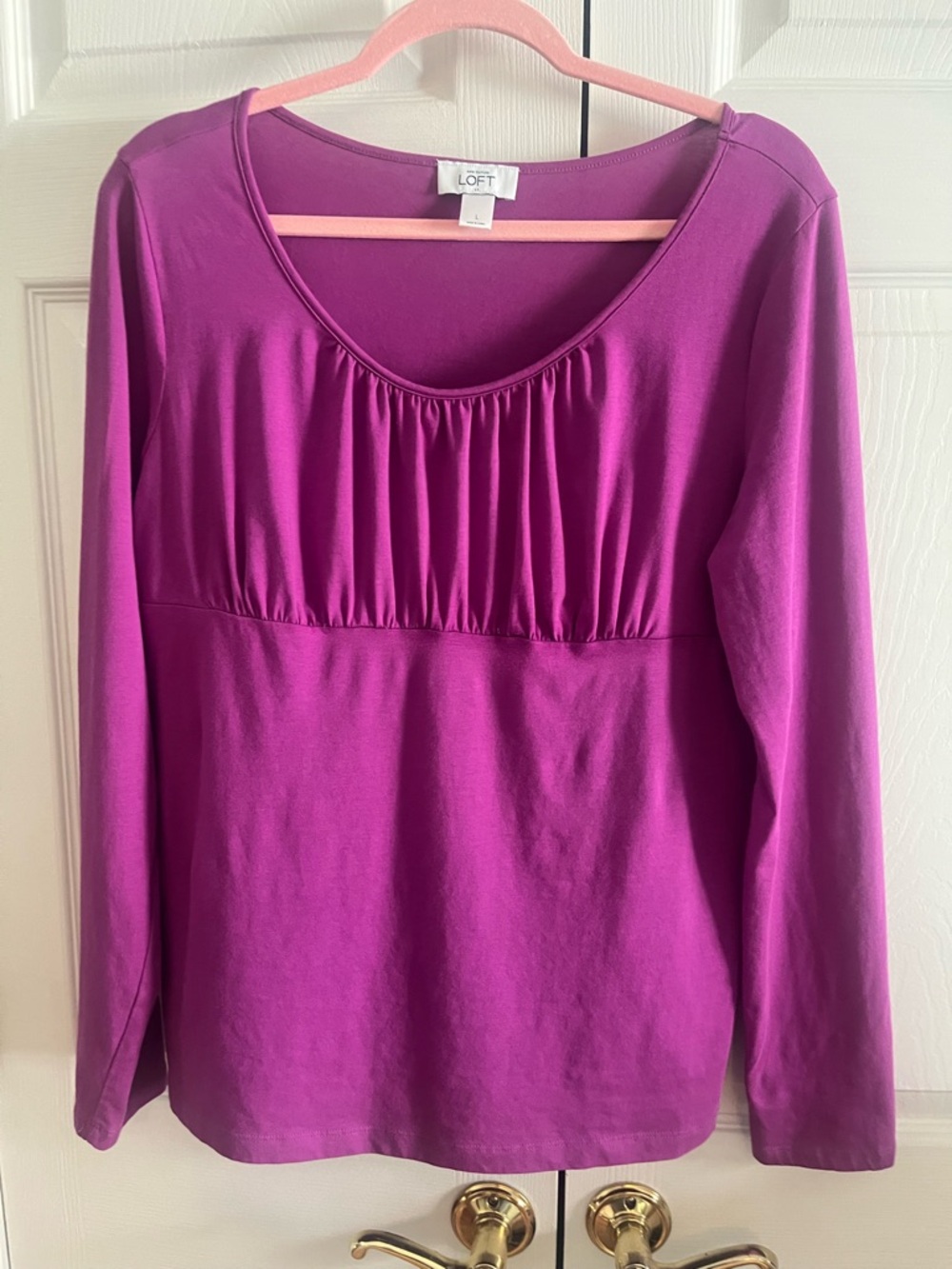 LOFT Long-Sleeve Scoop Neck Top in Fuchsia